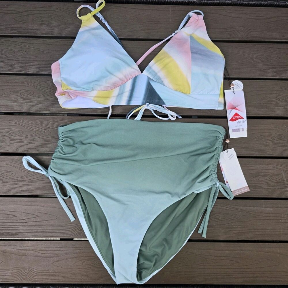 CALIA Women's Triangle Sediment Puya Top & Mint/Agave Ombre Bikini Sz XL New